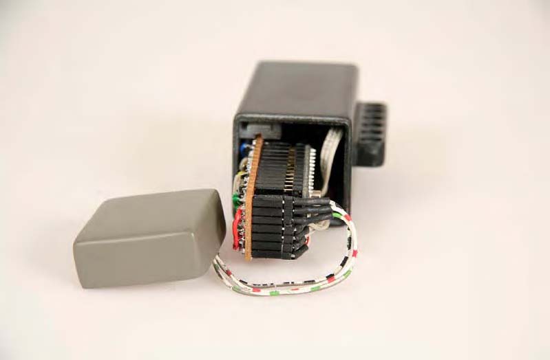 The sensor in its casing. The microcontroller is in the large compartment and GPS module in the small casing which can be attached to the front.