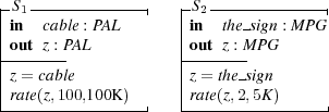 -S -------------|   - S -------------|
|in1 cable : PAL     |in2 the sign : MP G
|out z : PAL        |out z : M PG
|-------            |-------
|z = cable           |z = the-sign
-rate(z,100,100K-)-|   -rate(z,2,5K-)-----| 