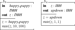 |S3--------------|   |S4-------------|
|in  happy puppy :   |in   z : IB H
|    DBH             |out updow n : IBH
|out z : D BH        |-------
|-------             |z = updown
|z = happy-puppy     -rate(z,1,1)------|
-rate(z,10,100)----| 