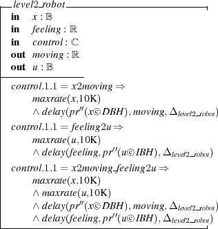 |-level2-robot-------------------------|
| in  x : B
| in  feeling : ℝ
| in  control : ℂ
| ou t m oving : ℝ
|-ou-t u-: B-----
| control.1.1 = x2m oving ⇒
|    m axrate(x,10K)
|    ∧ delay(pr′′(x○c DB H),moving,Δ level2-robot)
| control.1.1 = feeling2u ⇒
|    m axrate(u,10K)
|    ∧ delay(feeling,pr′′(u○c IBH),Δ       )
|                              level2-robot
| control.1.1 = x2m oving-feeling2u ⇒
|    m axrate(x,10K)
|    ∧ m axrate(u′′,10K )
|    ∧ delay(pr (x○c DB′′H),moving,Δ level2-robot)
-----∧-delay(feeling,pr-(u○c IBH),Δ-level2-robot) 