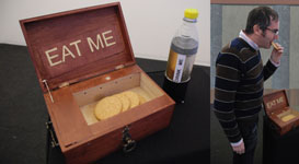 Eat me and drink me (left), Visitor eating the cookie (right)