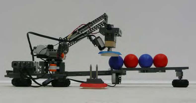 The demo application. An object has been attached to the robot arm with the magnetic grabber based on the color of the ball.